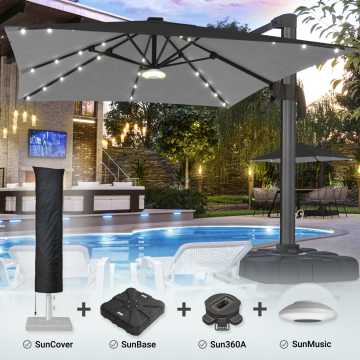 SUN LUIS | Parasol | Square | W:D 300 x 300 cm | Black | LED | +stand, swivel base & cover