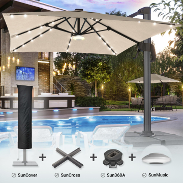 SUN LUIS | Parasol | Square | W:D 300 x 300 cm | Taupe | LED | +stand, swivel base & cover