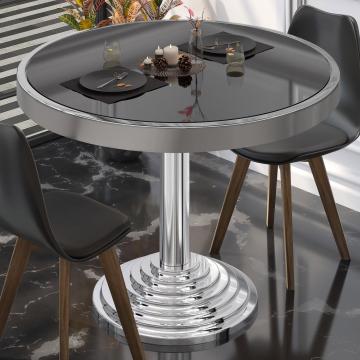ABP | Glass Bistro Table | Ø:H 70 x 76 cm | Black / stainless steel edge / stainless steel frame | Round