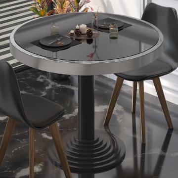 ABP | Table de bistrot en verre | Ø:H 50 x 76 cm | Noir / bord en acier inoxydable / piétement noir | Rond