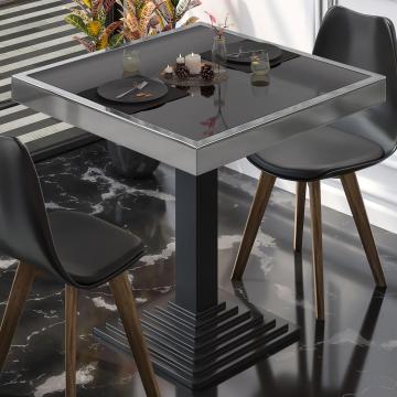 ABP | Table de bistrot en verre | L:P:H 50 x 50 x 76 cm | Noir / bord en acier inoxydable / piétement noir | Carré