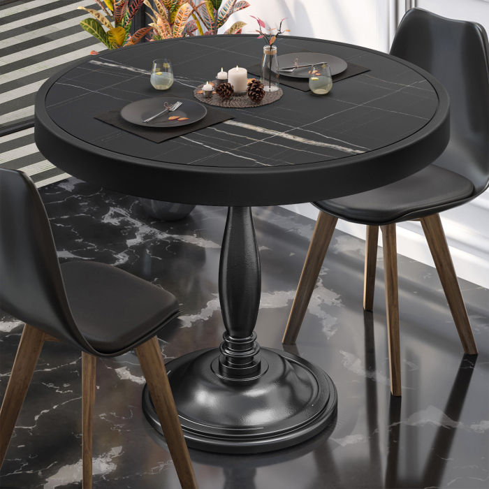 BD | Bistro Tisch | Ø 70 x 78 cm | Rund | Metallrahmen | Schwarz Marmor / Schwarz