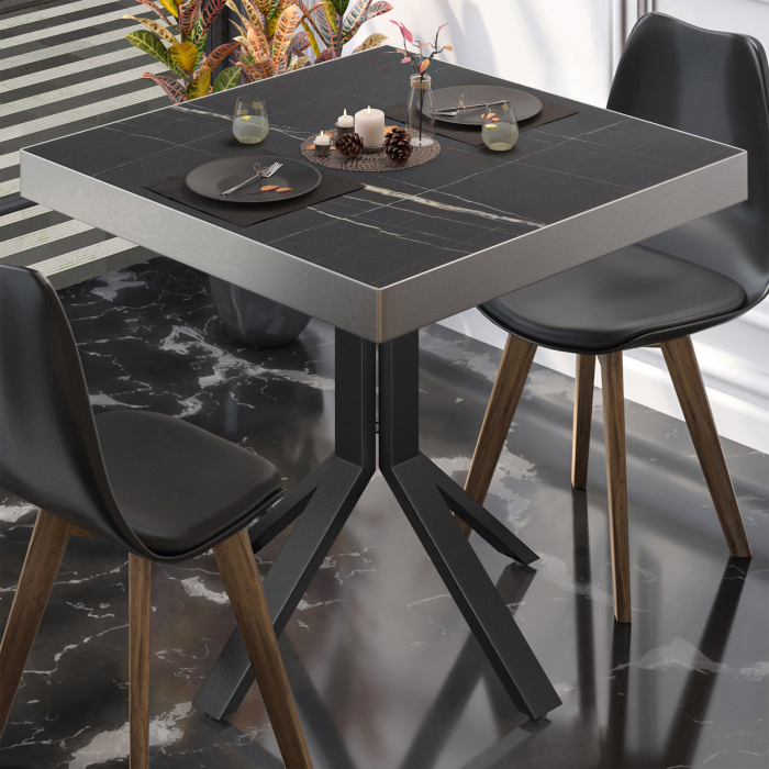 BE | Bistro Tisch | 80 x 80 x 77 cm | Quadratisch | Edelstahl Rand | Schwarz Marmor / Schwarz