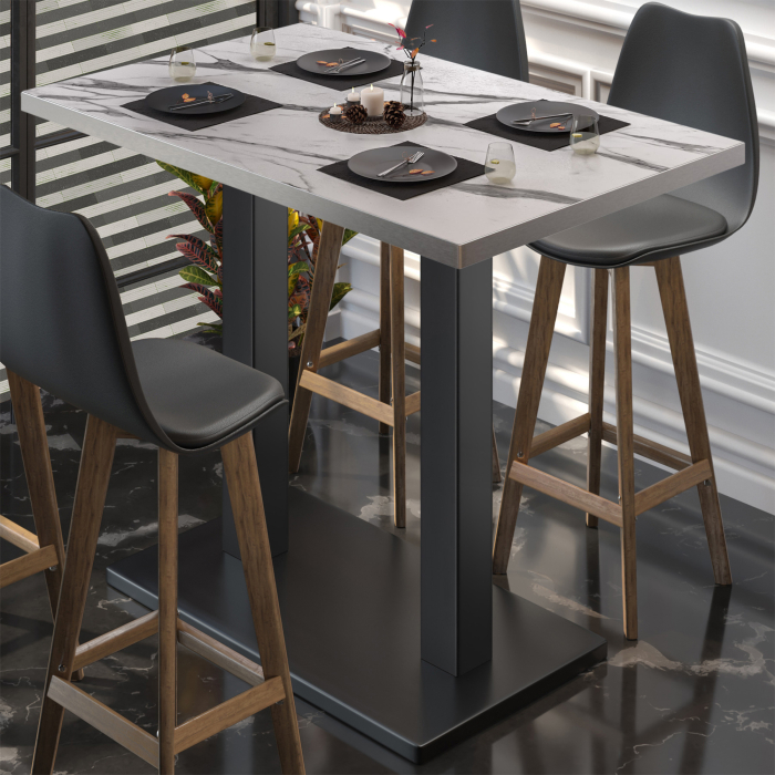 BM | Bistro Stehtisch | 130 x 80 x 108 cm | Rechteckig | Edelstahl Rand | Weiß Marmor / Schwarz