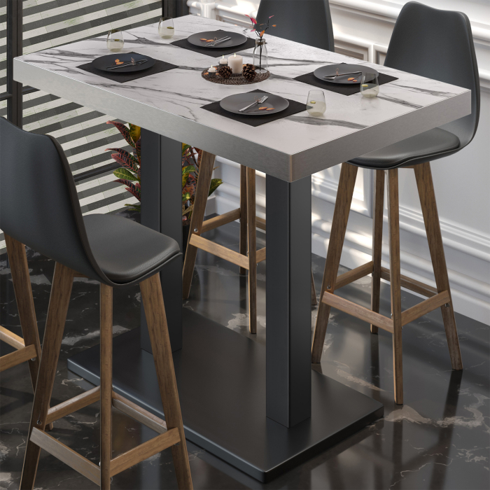 BM | Bistro Stehtisch | 120 x 70 x 110 cm | Rechteckig | Edelstahl Rand | Weiß Marmor / Schwarz