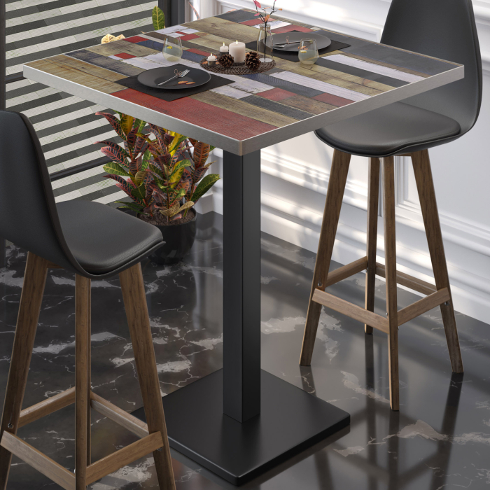 BM | Bistro Stehtisch | 80 x 80 x 108 cm | Quadratisch | Edelstahl Rand | Vintage Bunt / Schwarz