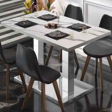 BM | Table de bistrot | L:P:H 120 x 70 x 72 cm | Blanc marbre / Acier inoxydable | Pliable | Rectangulaire