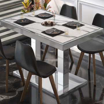 BM | Table de bistrot | L:P:H 110 x 60 x 77 cm | Marbre blanc / acier inoxydable | Pliable | Rectangulaire