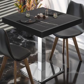 BM | Table de bistrot | L:P:H 50 x 50 x 77 cm | Marbre noir / acier inoxydable | Pliable | Carré