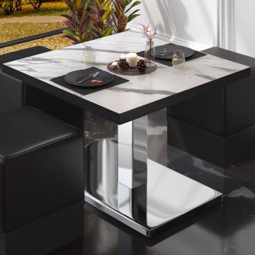 BM | Bistrolounge-bord | B:D:H 70 x 70 x 41 cm | Vit marmor / rostfritt stål