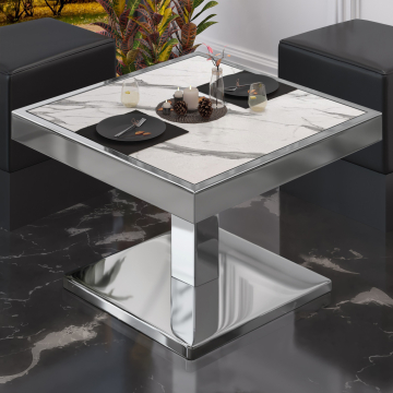 BM | Restaurang loungebord | B:D:H 50 x 50 x 41 cm | Vit marmor / Rostfritt stål