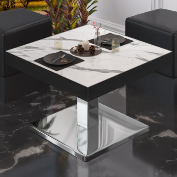 BM | Bistro Lounge Table | W:D:H 50 x 50 x 41 cm | Biały marmur / Stal nierdzewna