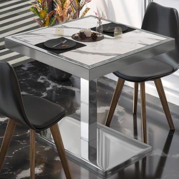 BM | Table de bistrot | L:P:H 80 x 80 x 77 cm | Marbre blanc / acier inoxydable | Carré