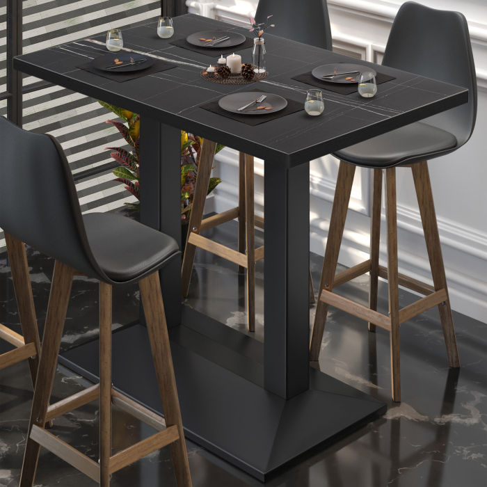 BPA | Bistro Stehtisch | 110 x 60 x 112 cm | Schwarzer Rand | Rechteckig | Schwarz Marmor / Schwarz