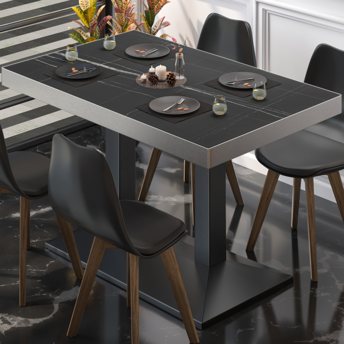 BPA | Bistro Tisch | 130 x 80 x 81 cm | Rechteckig | Edelstahl Rand | Schwarz Marmor/ Schwarz