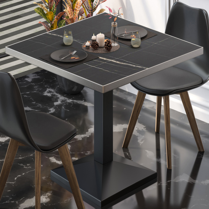 BPA | Bistro Tisch | Quadratisch | Edelstahl Rand | 80 x 80 x 78,5 cm | Schwarz Marmor / Schwarz