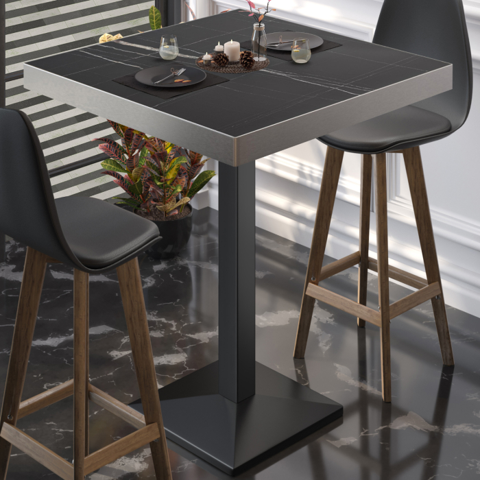 BPA | Bistro Stehtisch | 60 x 60 x 114 cm | Edelstahl Rand | Quadratisch | Schwarz Marmor / Schwarz