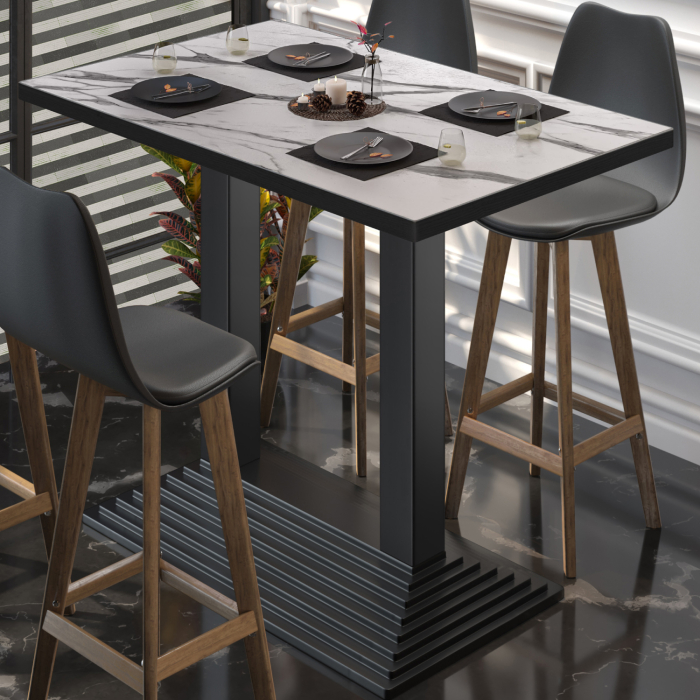 BPY | Bistro Stehtisch | 110 x 60 x 112 cm | Schwarzer Rand | Rechteckig | Weiß Marmor / Schwarz