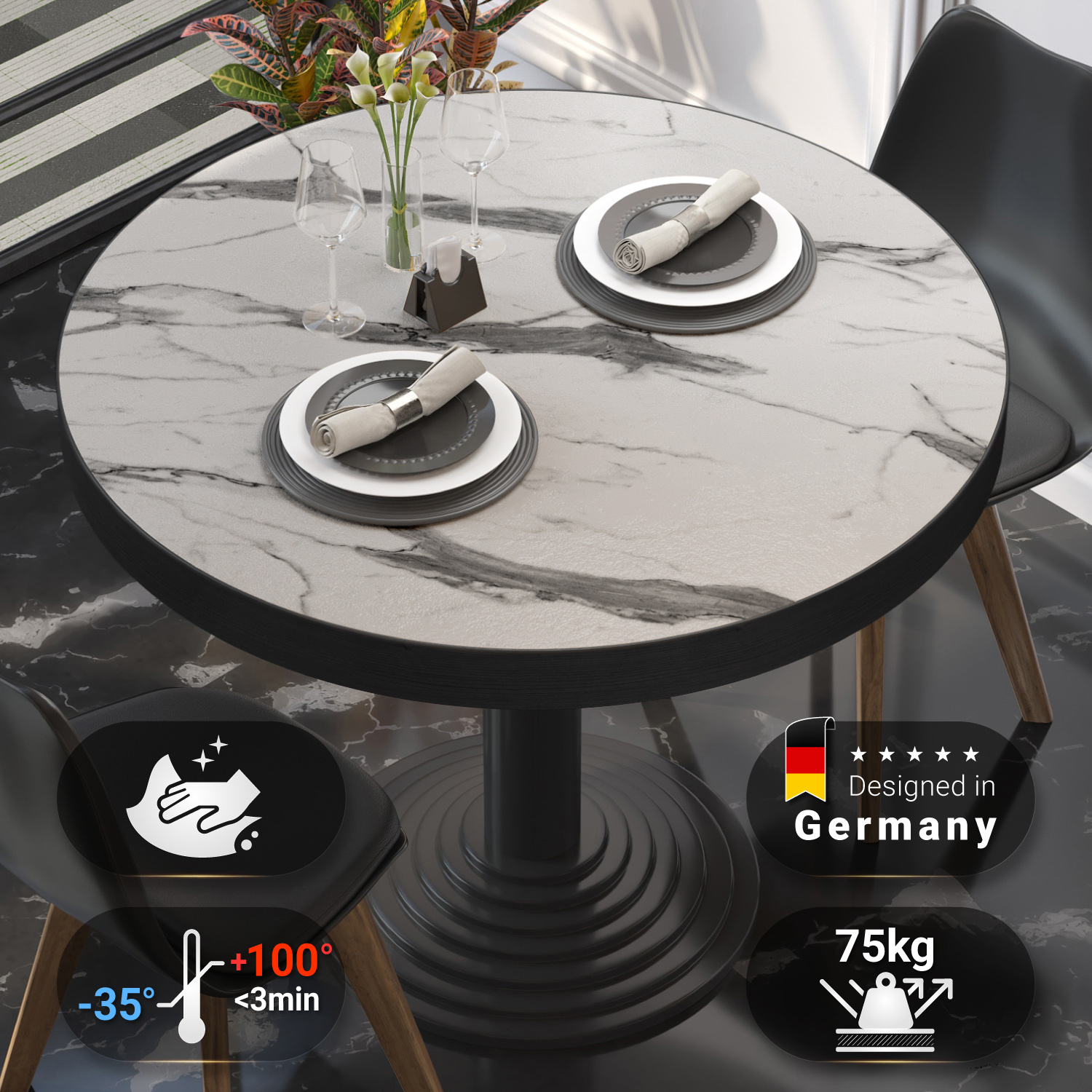 Tischplatte Weiß BRASIL mit Marmor 70 Gastronomiemöbel Gastro Möbel | Ø | Rund | | cm - Tiefpreis-Garantie von GGM