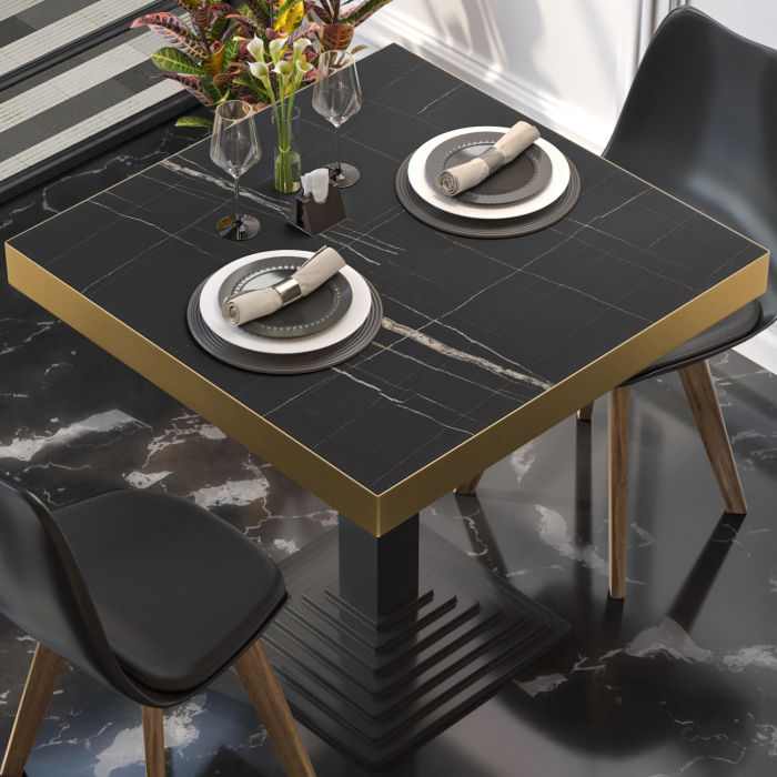 Brasil | Gastro HPL Tischplatte | B:T 80 x 80 cm | Schwarz Marmor | Goldener Rand | Quadratisch