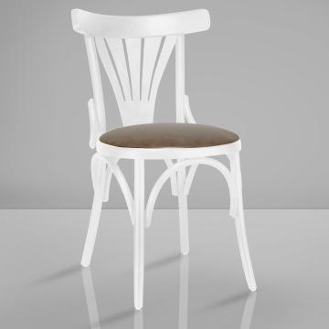 CABRIS | Chaise bistrot en bois courbé | Blanc | Bois cintré | Cuir marron