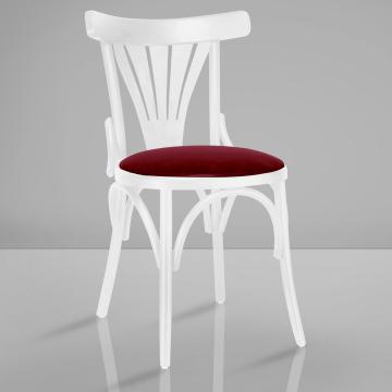 CABRIS | Chaise bistrot en bois courbé | Blanc | Bois cintré | Cuir bordeaux