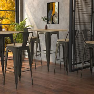CALIFORNIA | Tolix pöytä- ja tuolisarja | 2x baarijakkara + selkänoja | 60x60cm | tammi & ruoste mattana