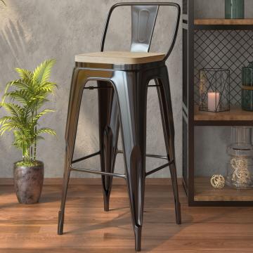 CALIFORNIA | Tolix bar stool | black matt | metal | + backrest, wooden seat oak