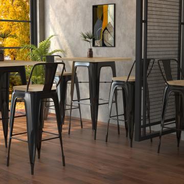 CALIFORNIA | Tolix tafel & stoel set | 2x barkruk + rugleuning | 60x60cm | eiken & zwart mat