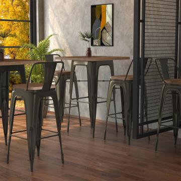 CALIFORNIA | Tolix pöytä- ja tuolisarja | 2x baarijakkara + selkänoja | 60x60cm | pähkinäpuu & ruoste mattana