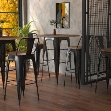 CALIFORNIA | Zestaw stół i krzesła Tolix | 2x stołek barowy + oparcie | 60x60cm | orzech i czarny mat