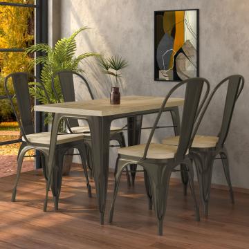 CALIFORNIA | Tolix Ensemble table & chaises | 4x chaise | 120x60cm | Chêne & Grille Mat