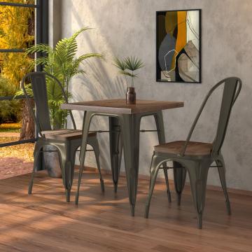 CALIFORNIA | Zestaw stół i krzesło Tolix | 2x krzesło | 60x60cm | orzech i rdzawy mat