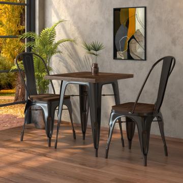 CALIFORNIA | Tolix pöytä- ja tuolisarja | 2x tuoli | 60x60cm | pähkinäpuu & musta