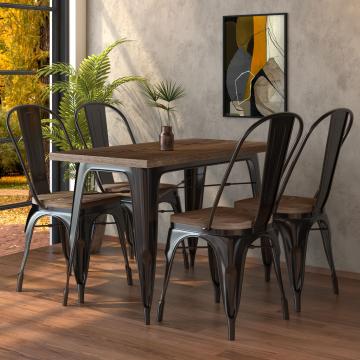 CALIFORNIA | Tolix Ensemble table & chaises | 4x chaise | 120x60cm | Noyer & Noir