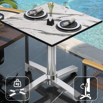 CPBC | HPL Bistro Tisch | B:T:H 60 x 60 x 78 cm | Weiß Marmor / Aluminium | Klappbar + Zusatzgewicht | Quadratisch