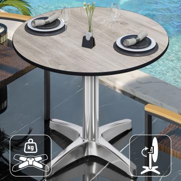 CPBL | HPL Bistro Tisch | Ø:H 60 x 78 cm | Eiche-Weiß / Aluminium | Klappbar + Zusatzgewicht | Rund