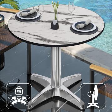 CPBL | HPL Bistro Tisch | Ø:H 60 x 78 cm | Weiß-Marmor / Aluminium | Klappbar + Zusatzgewicht | Rund