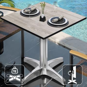 CPBL | HPL Bistro Tisch | B:T:H 70 x 70 x 78 cm | Eiche-Weiß / Aluminium | Klappbar + Zusatzgewicht | Quadratisch
