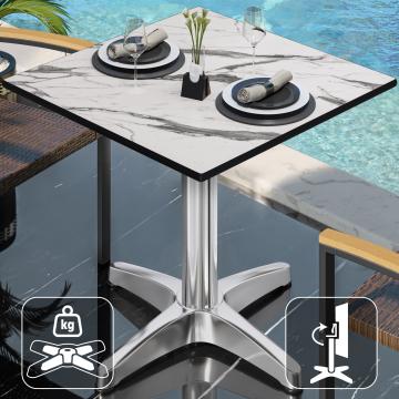 CPBL | HPL Bistro Tisch | B:T:H 70 x 70 x 78 cm | Weiß-Marmor / Aluminium | Klappbar + Zusatzgewicht | Quadratisch