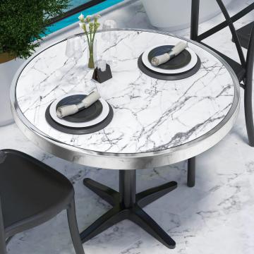 JT | Tablero cristal templado de mesa para hostelería | Ø70cm | Mármol blanco | Llanta cromada | Redondo