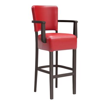 LUCA ARM | Upholstered Bar Stool | Leather | Wood | Red | with backrest