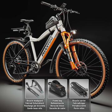 PHANTOM INSTINCT X | Vélo électrique de montagne | 29" | 100km | 10.5Ah | 380Wh | Blanc | + Garde-boue, sacoche de cadre vélo, porte-bagages