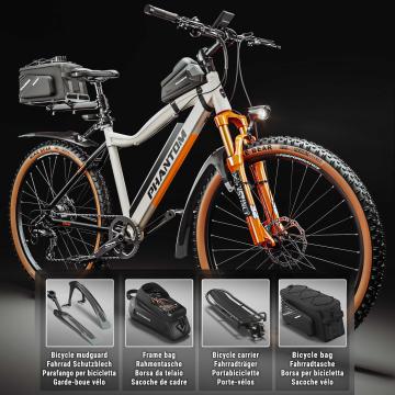 PHANTOM INSTINCT X | Vélo électrique de montagne | 29" | 100km | 10.5Ah | 380Wh | Blanc | + Garde-boue, sacoche de cadre vélo, porte-bagages, sacoche de vélo porte-bagages