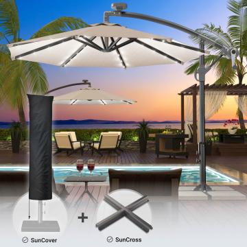 SUN LUCA | Parasol | Round | Ø 300 cm | Taupe | LED | +Stand & Cover