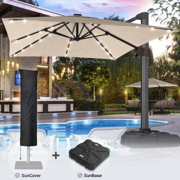 SUN LUIS | Parasol | Square | B:T 300 x 300 cm | Taupe | LED | +Stand & Cover