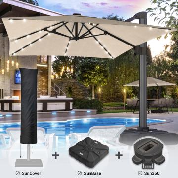 SUN LUIS | Parasol | Square | B:T 300 x 300 cm | Taupe | LED | +Stand, Swivel base & Cover