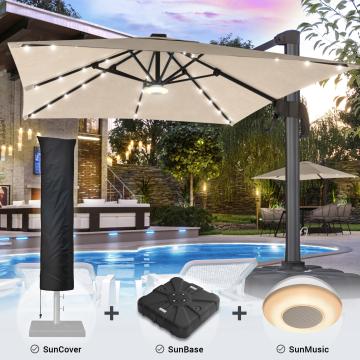SUN LUIS | Parasol | Square | B:T 300 x 300 cm | Taupe | LED | +Stand, Music Box & Cover