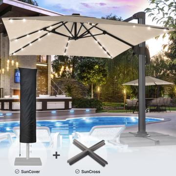 SUN LUIS | Parasol | Square | B:T 300 x 300 cm | Taupe | LED | +Stand & Cover