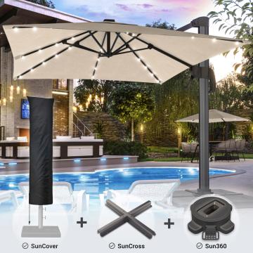 SUN LUIS | Parasol | Square | B:T 300 x 300 cm | Taupe | LED | +Stand, Swivel base & Cover